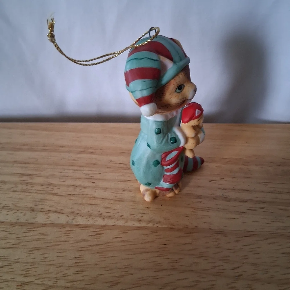 Festive Cat Ornament in Red and Green Holding Kitten In Their Pajamas